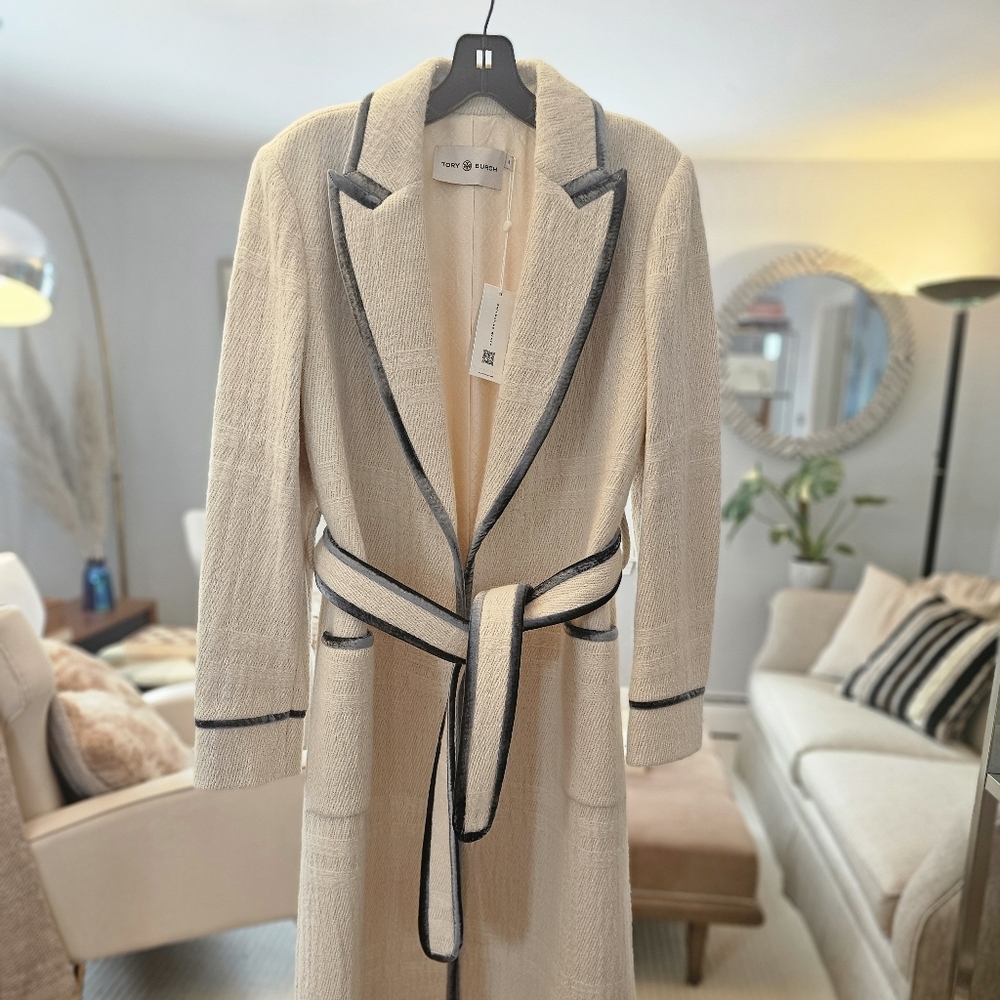 Tory Burch Women's Cream and Blue Velvet Trim Coat - Picture 4 of 8